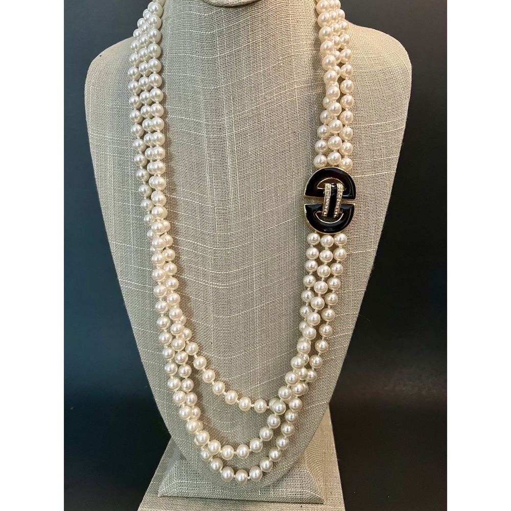 Swarovski Triple Strand Faux Pearl Necklace 30" Cream EXC